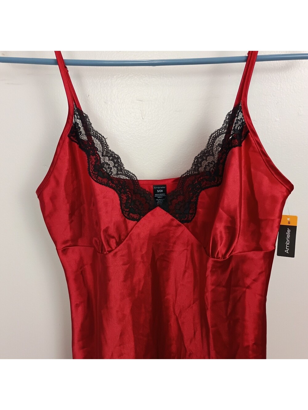 AMBRIELLE Chemise Nightie Babydoll Black Lace Red Satin Slip Dress S